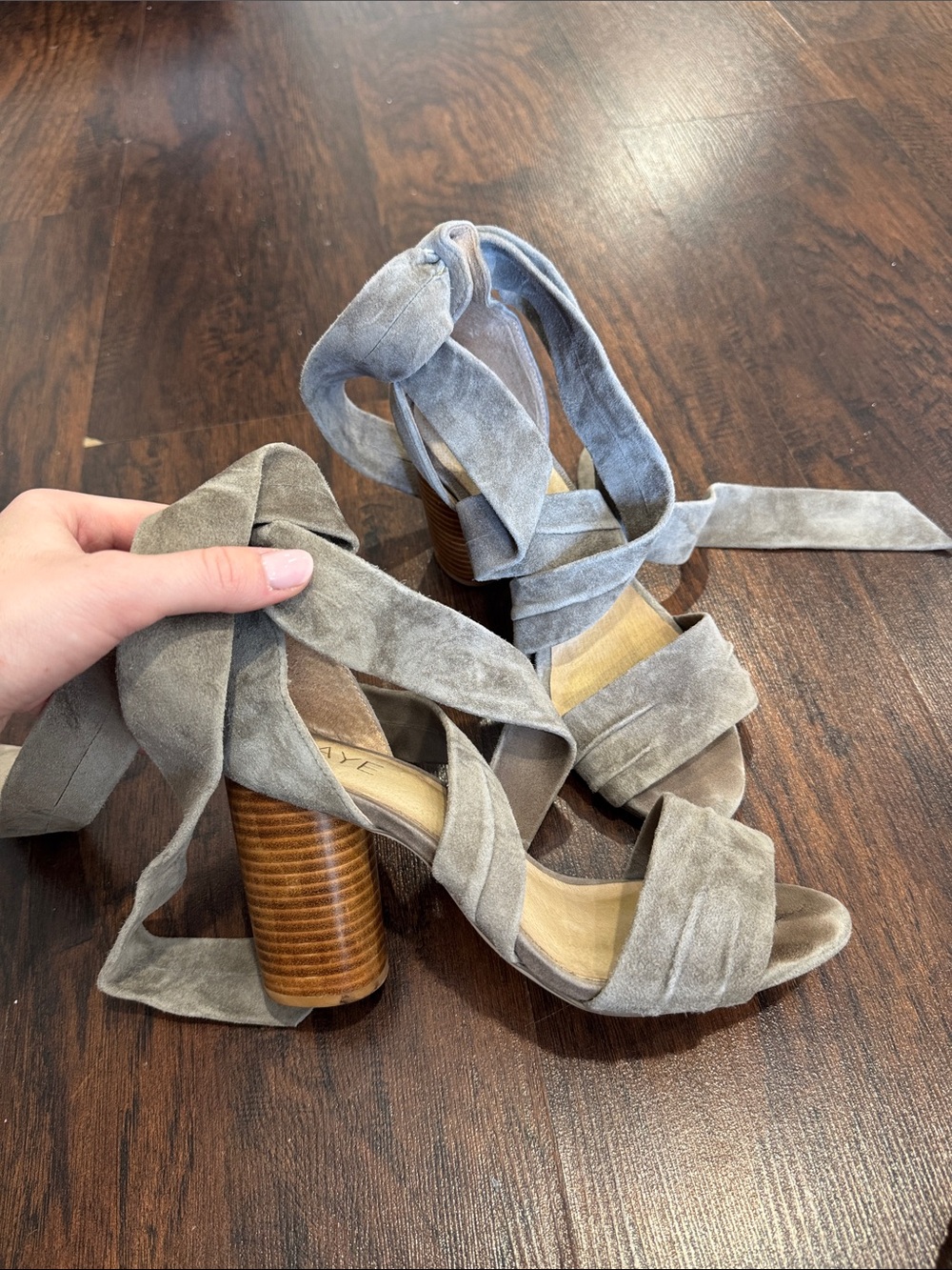 RAYE Gray Suede Wrap Sandals with Stacked Wood Heel